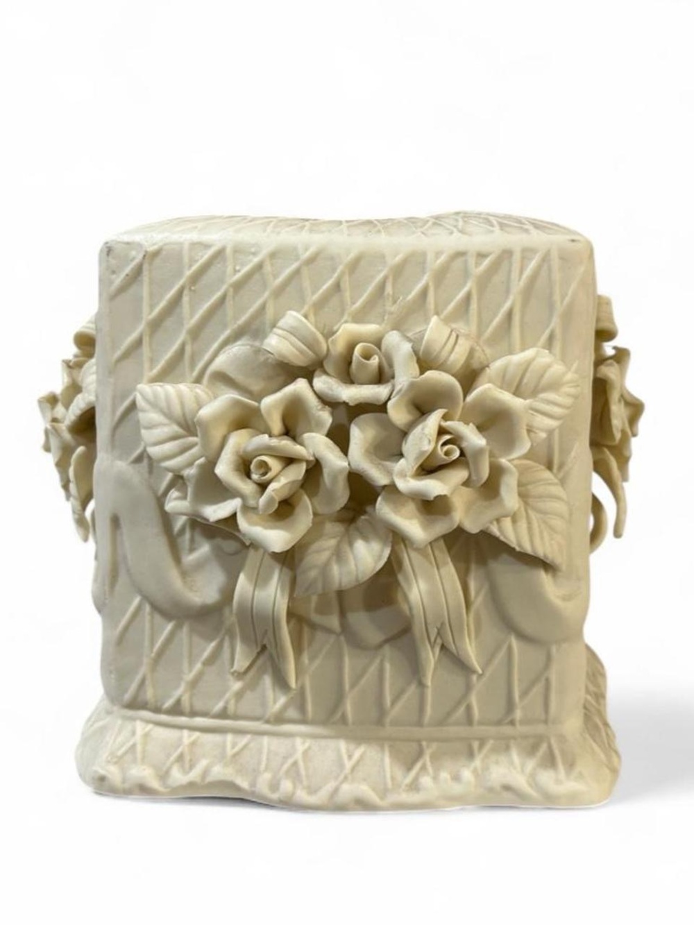 Vintage Bisque Porcelain Rose Floral Lattice Tissue Box Cover Vanity Decor